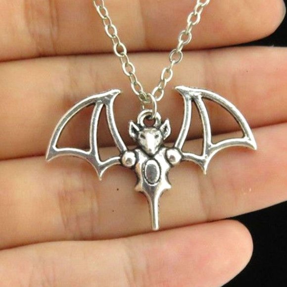Gothic Silver Outlined Bat Necklace - Picture 3 of 4